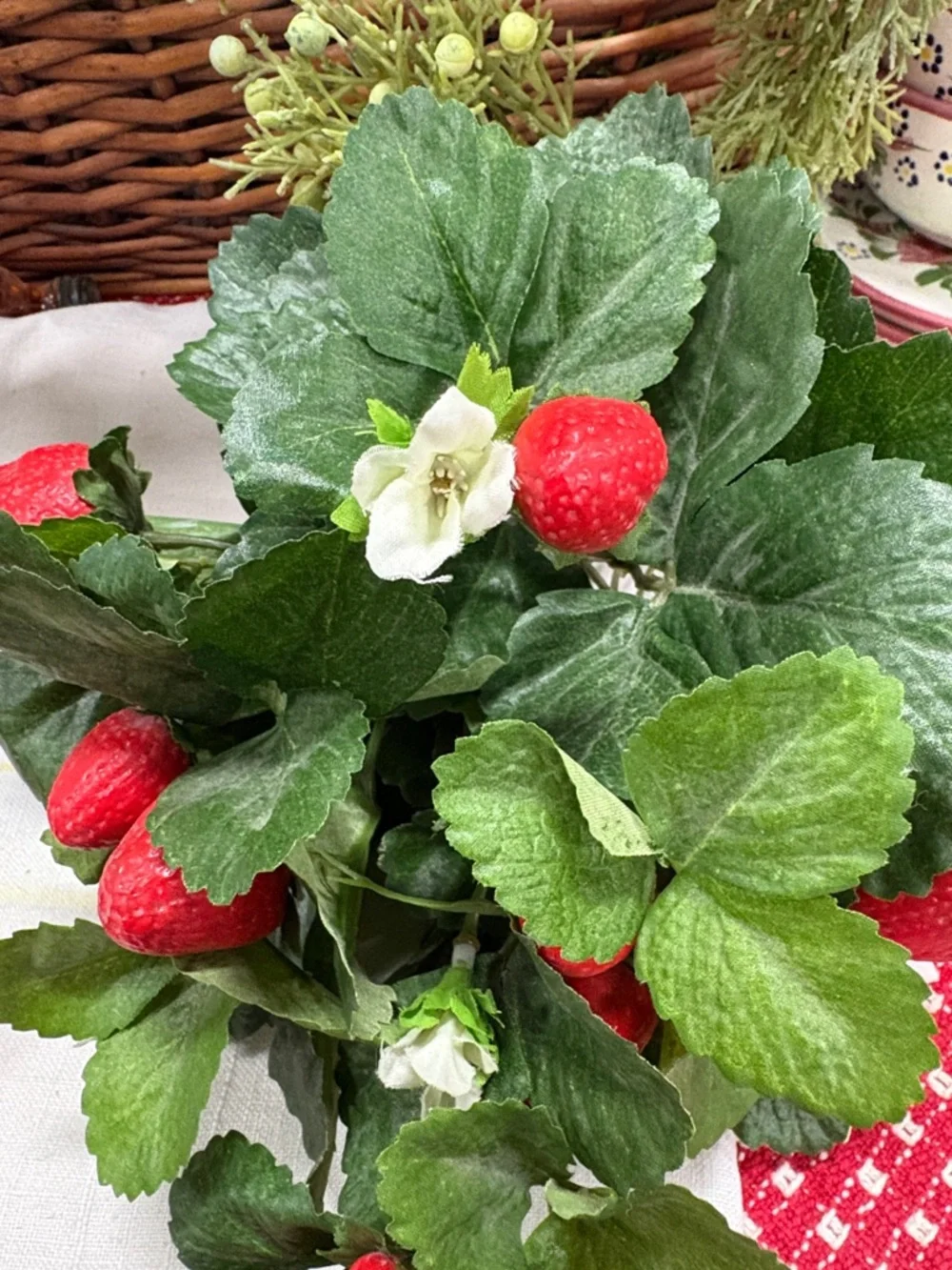 Artificial Strawberry Leaf Spray - Red & Green Decorative Pick